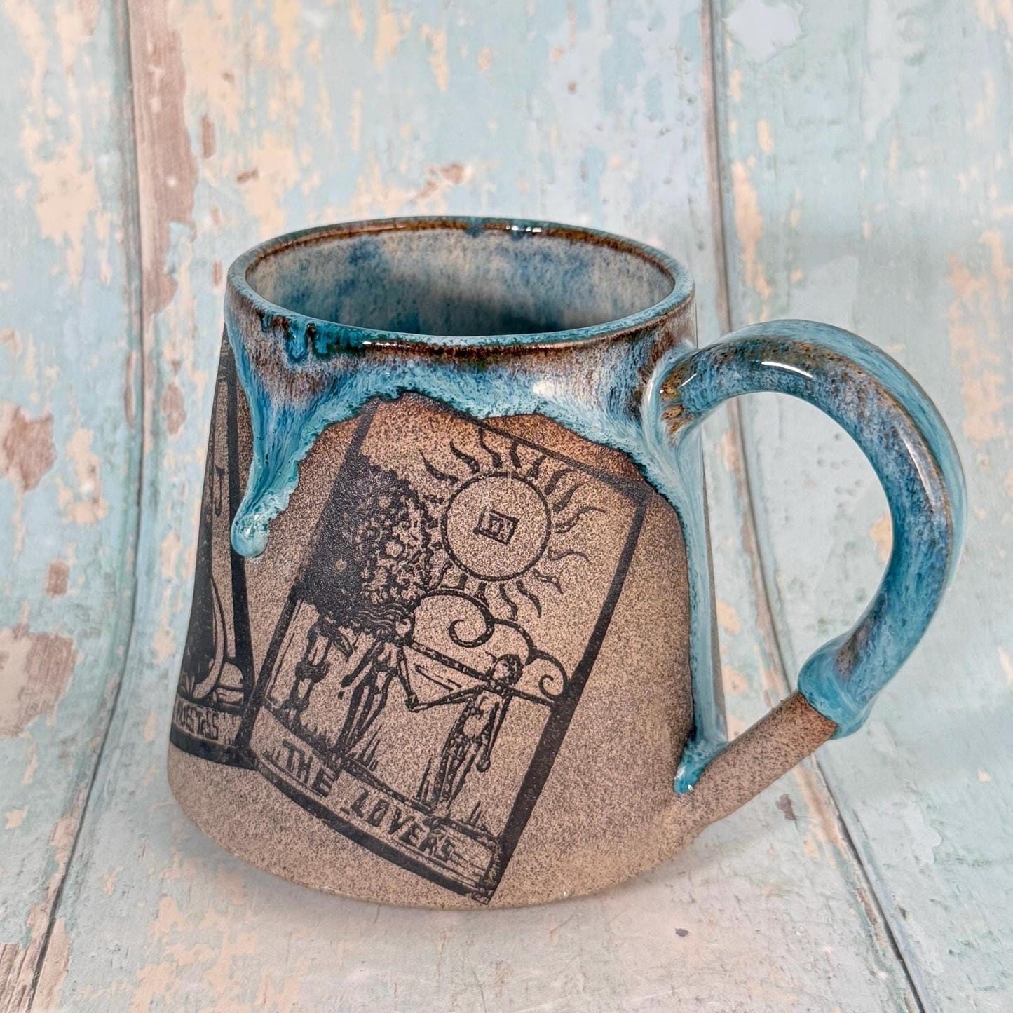 Turquoise and Grey Tarot Mug, Large Ceramic Cup - FJD Ceramics