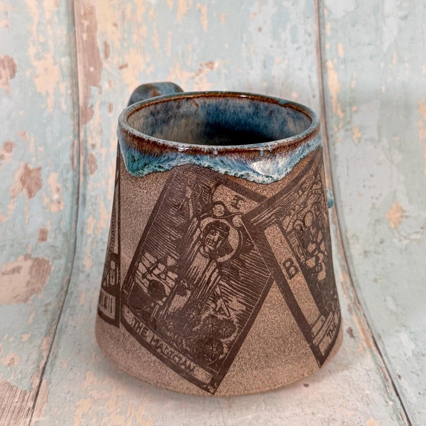 Turquoise and Grey Tarot Mug, Large Ceramic Cup - FJD Ceramics
