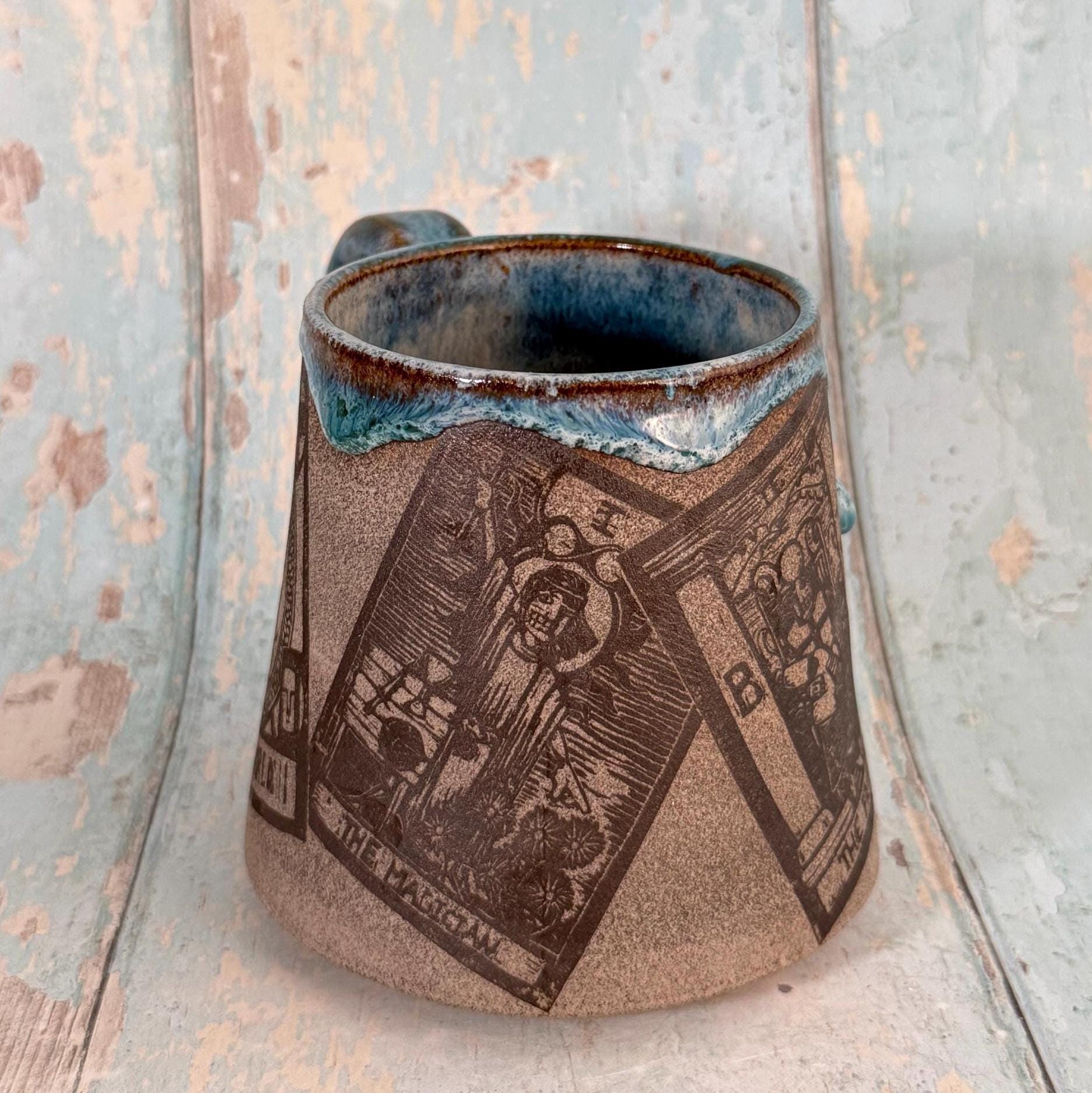 Turquoise and Grey Tarot Mug, Large Ceramic Cup - FJD Ceramics