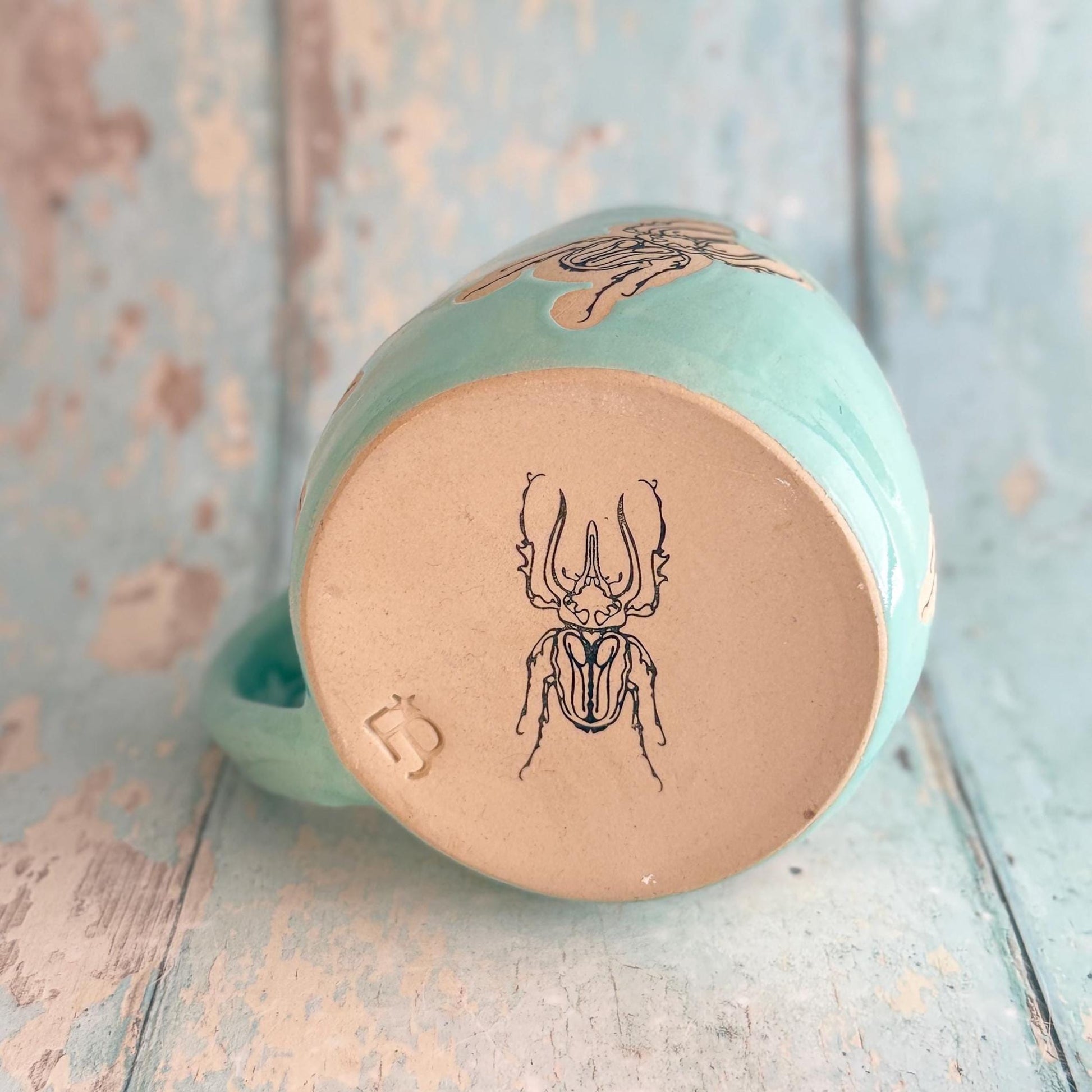 Turquoise Beetle Mug, Large Ceramic Cup - FJD Ceramics