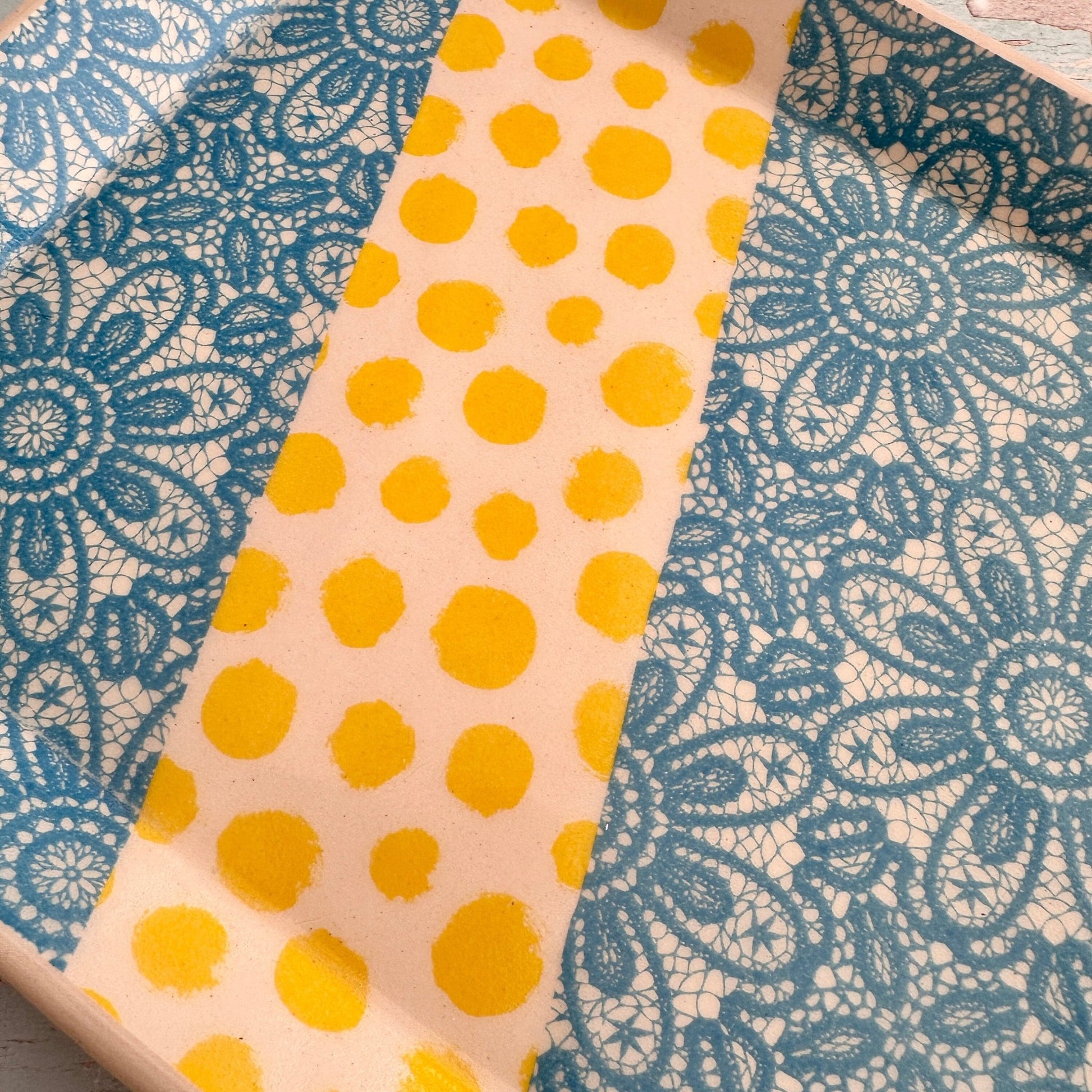 Turquoise Blue Lace and Yellow Platter, Large Handmade Rectangle Ceramic Plate - FJD Ceramics