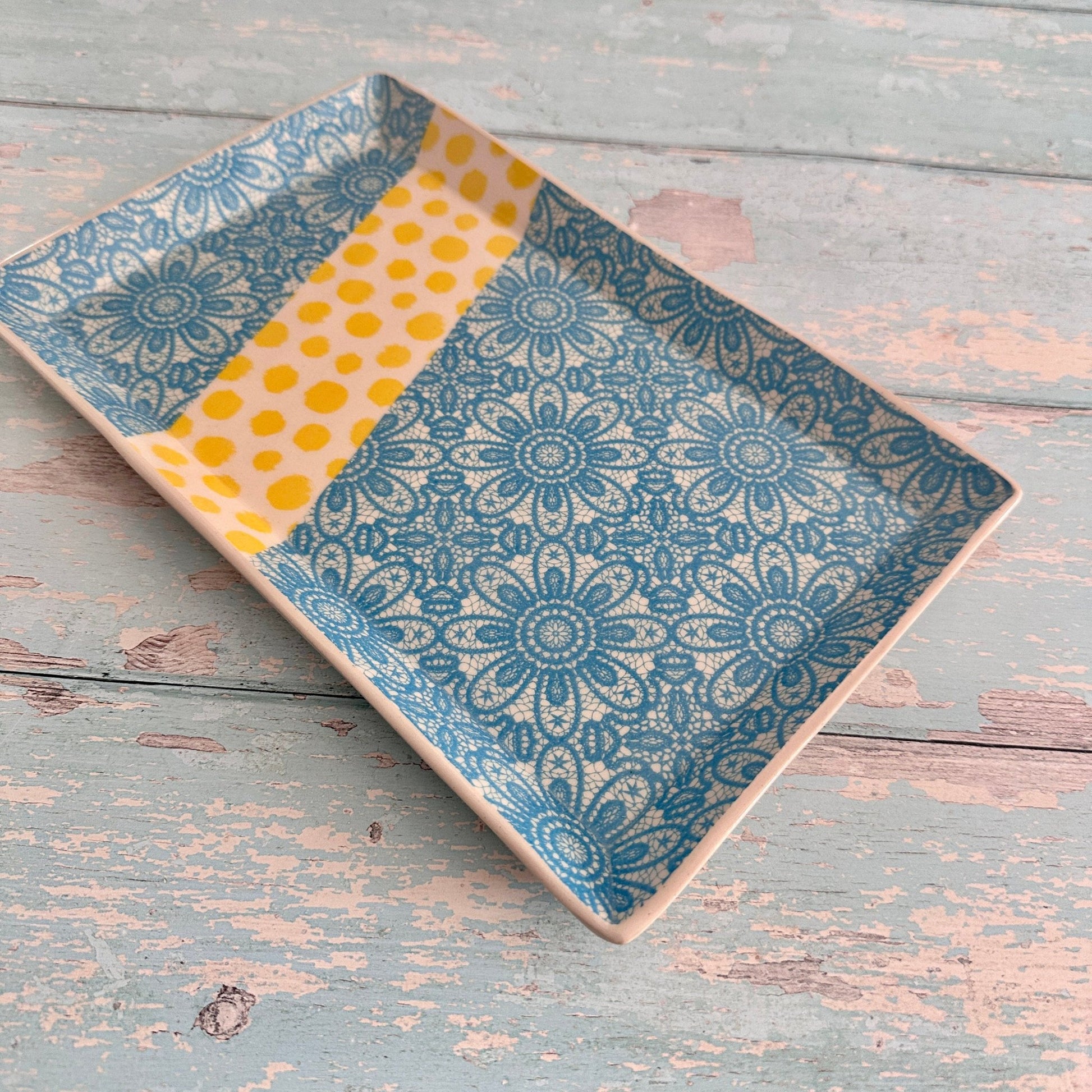 Turquoise Blue Lace and Yellow Platter, Large Handmade Rectangle Ceramic Plate - FJD Ceramics