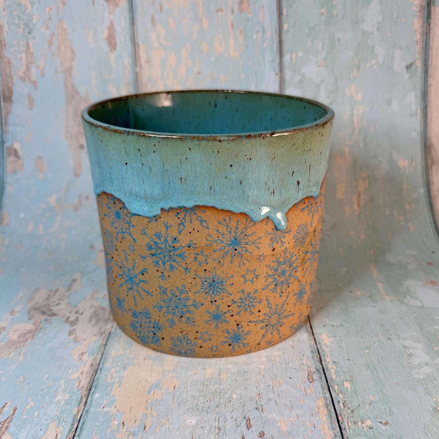 Turquoise Christmas Snowflake Ceramic Planter, Indoor Plant Pot - FJD Ceramics