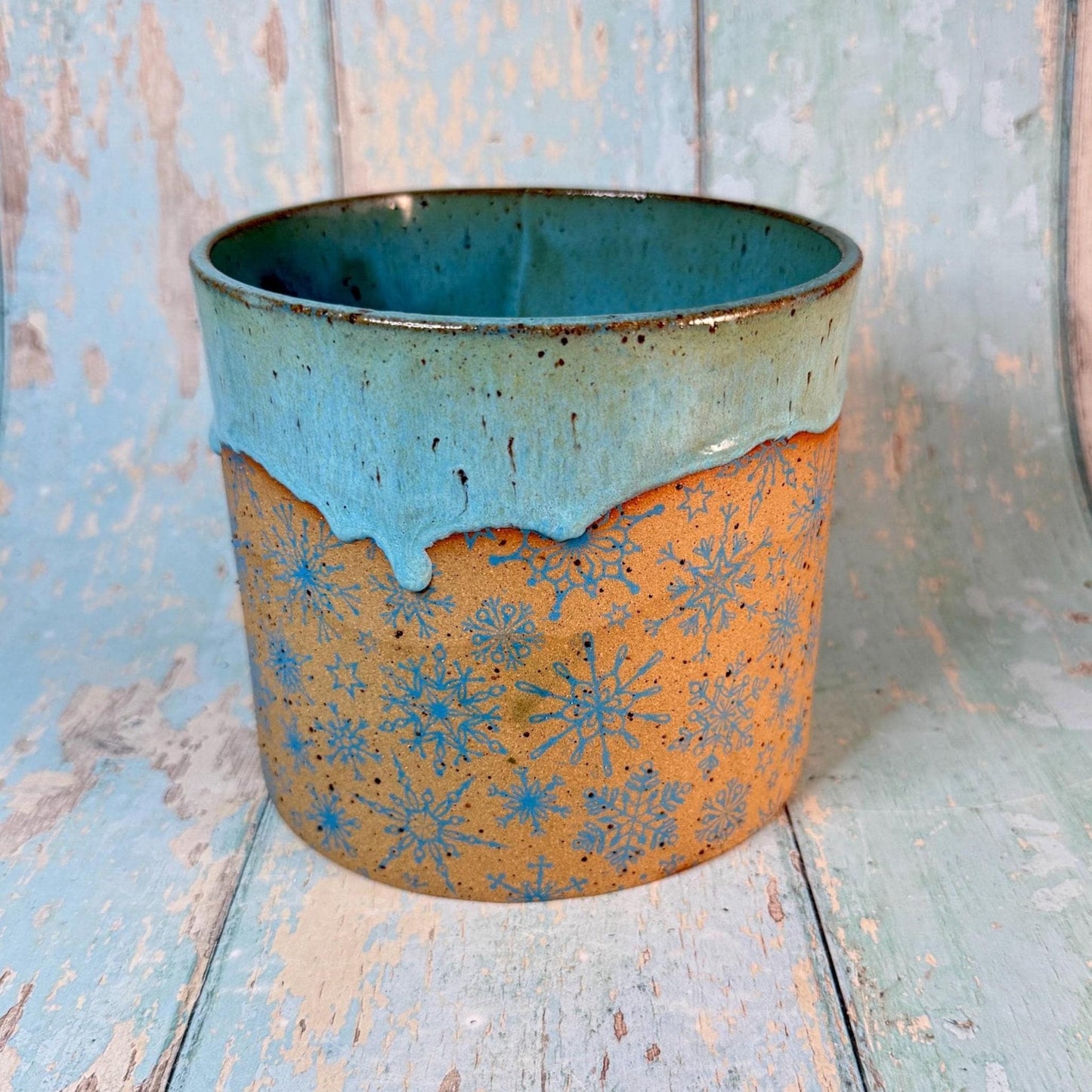Turquoise Christmas Snowflake Ceramic Planter, Indoor Plant Pot - FJD Ceramics