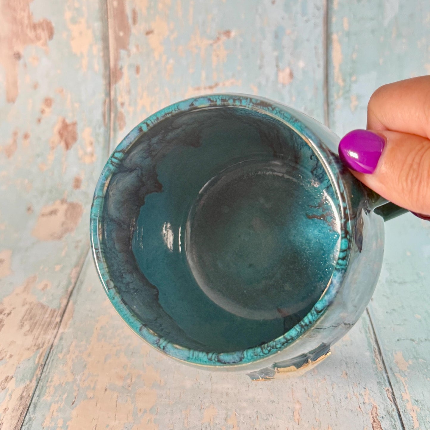 Turquoise Gold Northern Star Mug, Handmade Ceramic Mug - FJD Ceramics
