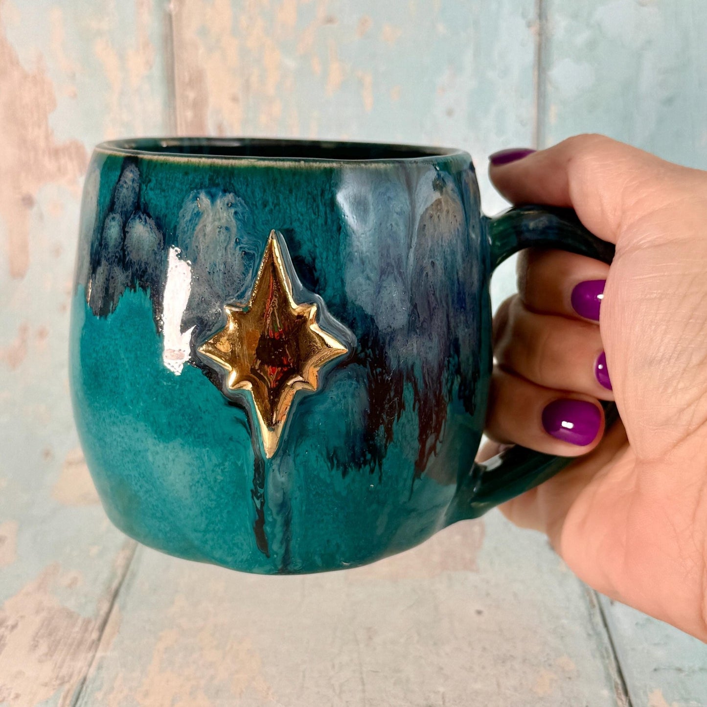 Turquoise Gold Northern Star Mug, Handmade Ceramic Mug - FJD Ceramics