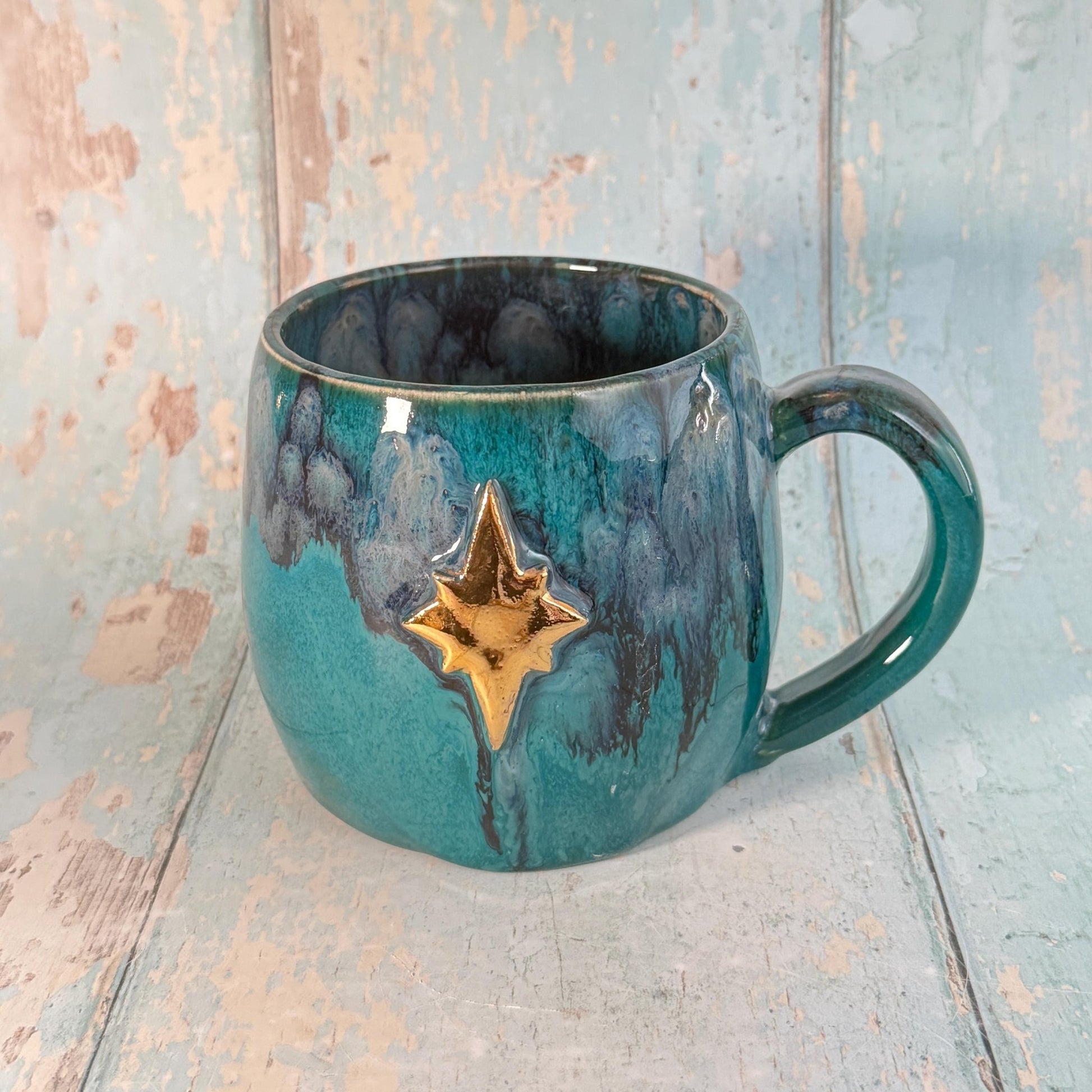 Turquoise Gold Northern Star Mug, Handmade Ceramic Mug - FJD Ceramics