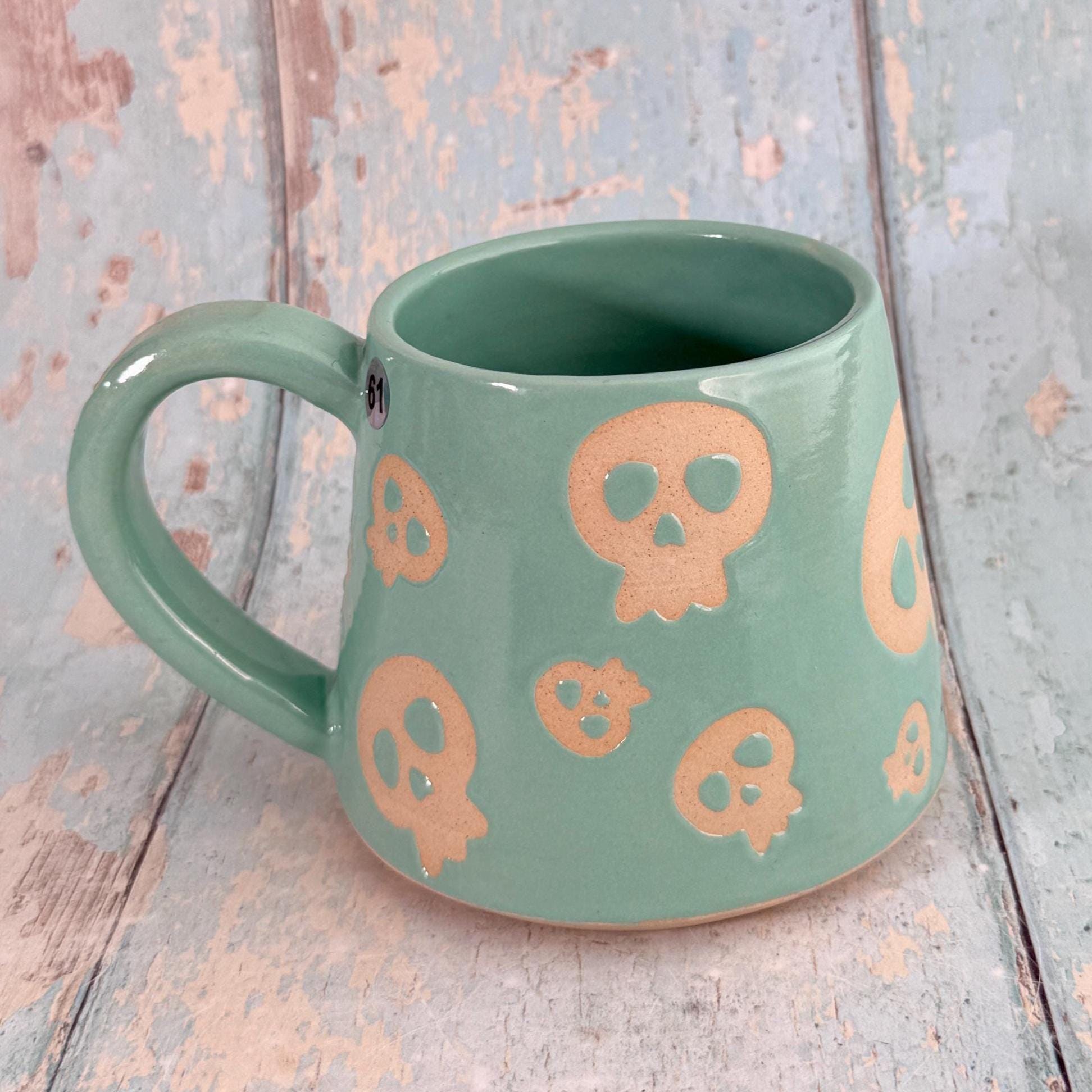 Turquoise Green Skull Mug, Handmade Ceramic Cup, Spooky Halloween Mug - FJD Ceramics