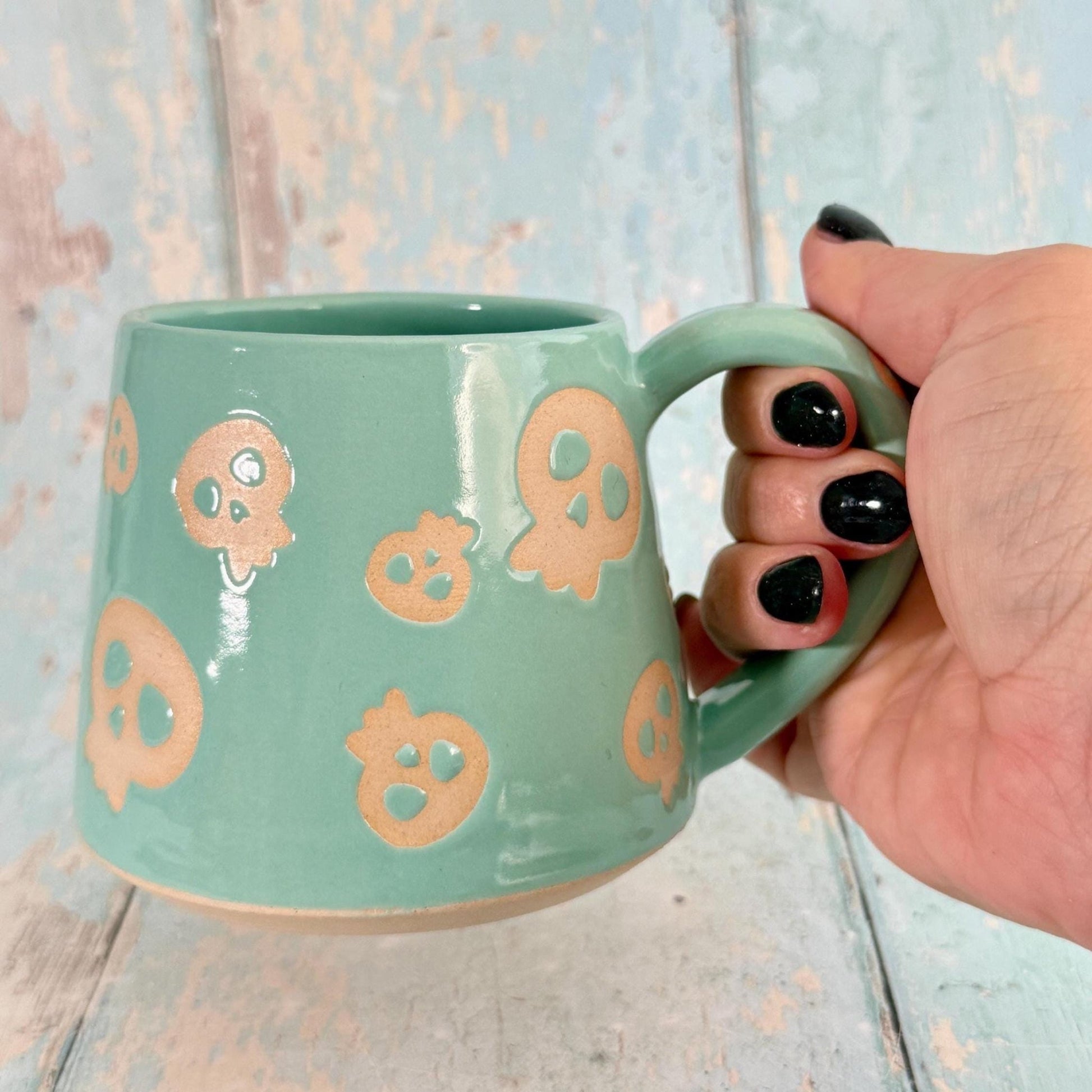 Turquoise Green Skull Mug, Handmade Ceramic Cup, Spooky Halloween Mug - FJD Ceramics