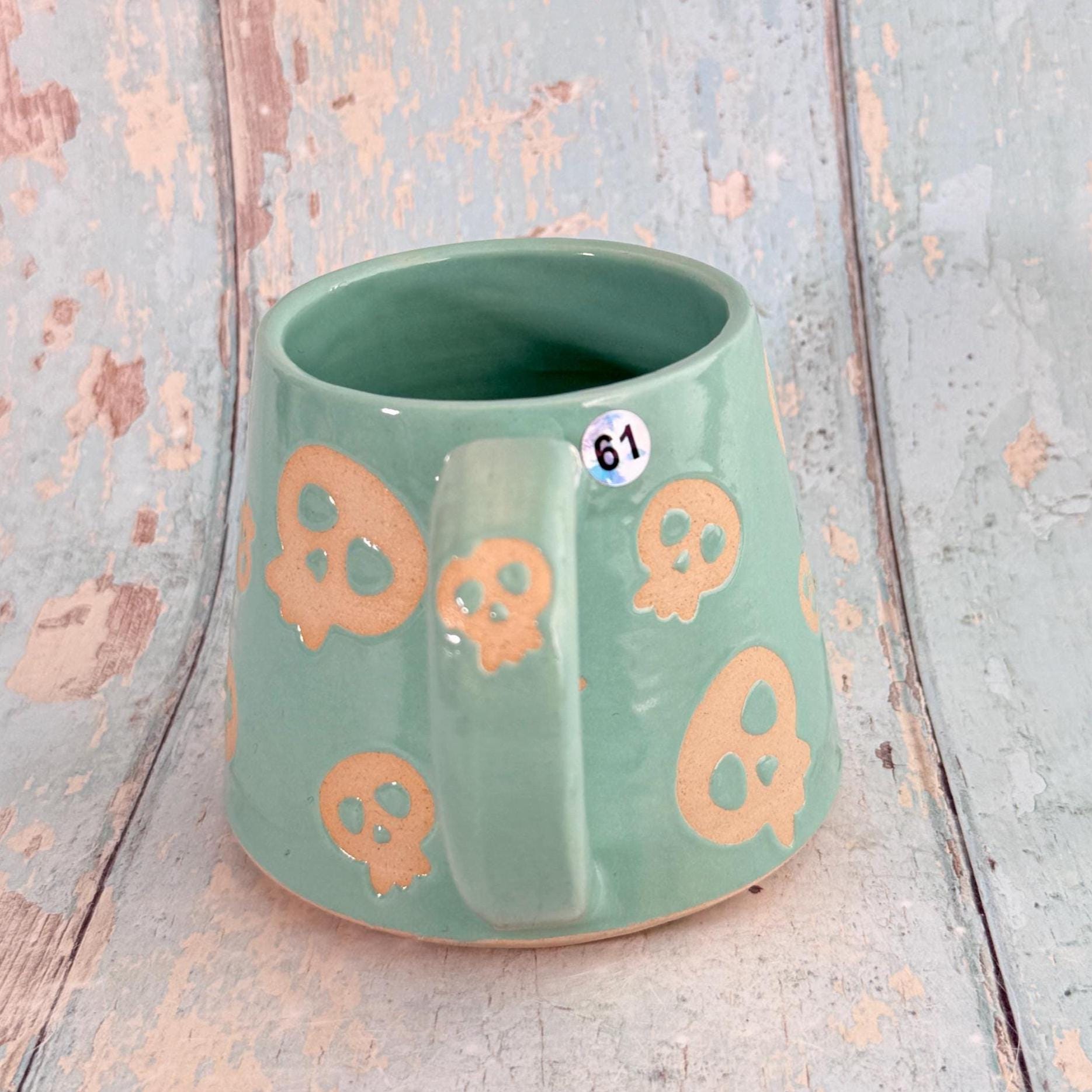 Turquoise Green Skull Mug, Handmade Ceramic Cup, Spooky Halloween Mug - FJD Ceramics