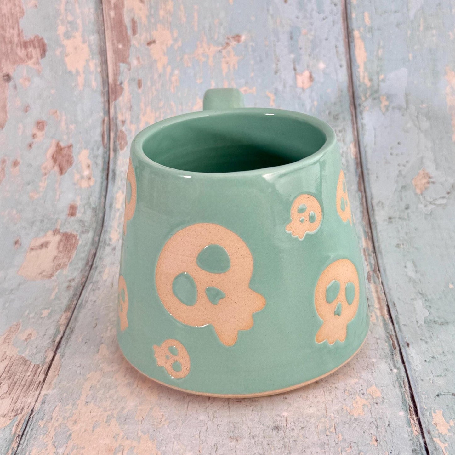 Turquoise Green Skull Mug, Handmade Ceramic Cup, Spooky Halloween Mug - FJD Ceramics