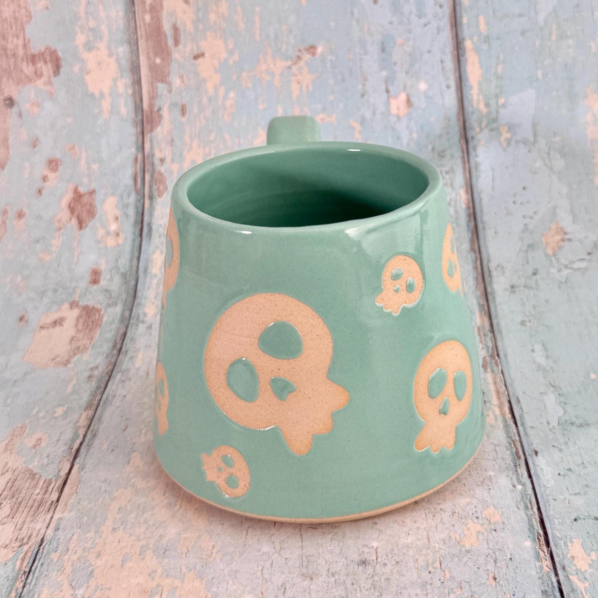 Turquoise Green Skull Mug, Handmade Ceramic Cup, Spooky Halloween Mug - FJD Ceramics