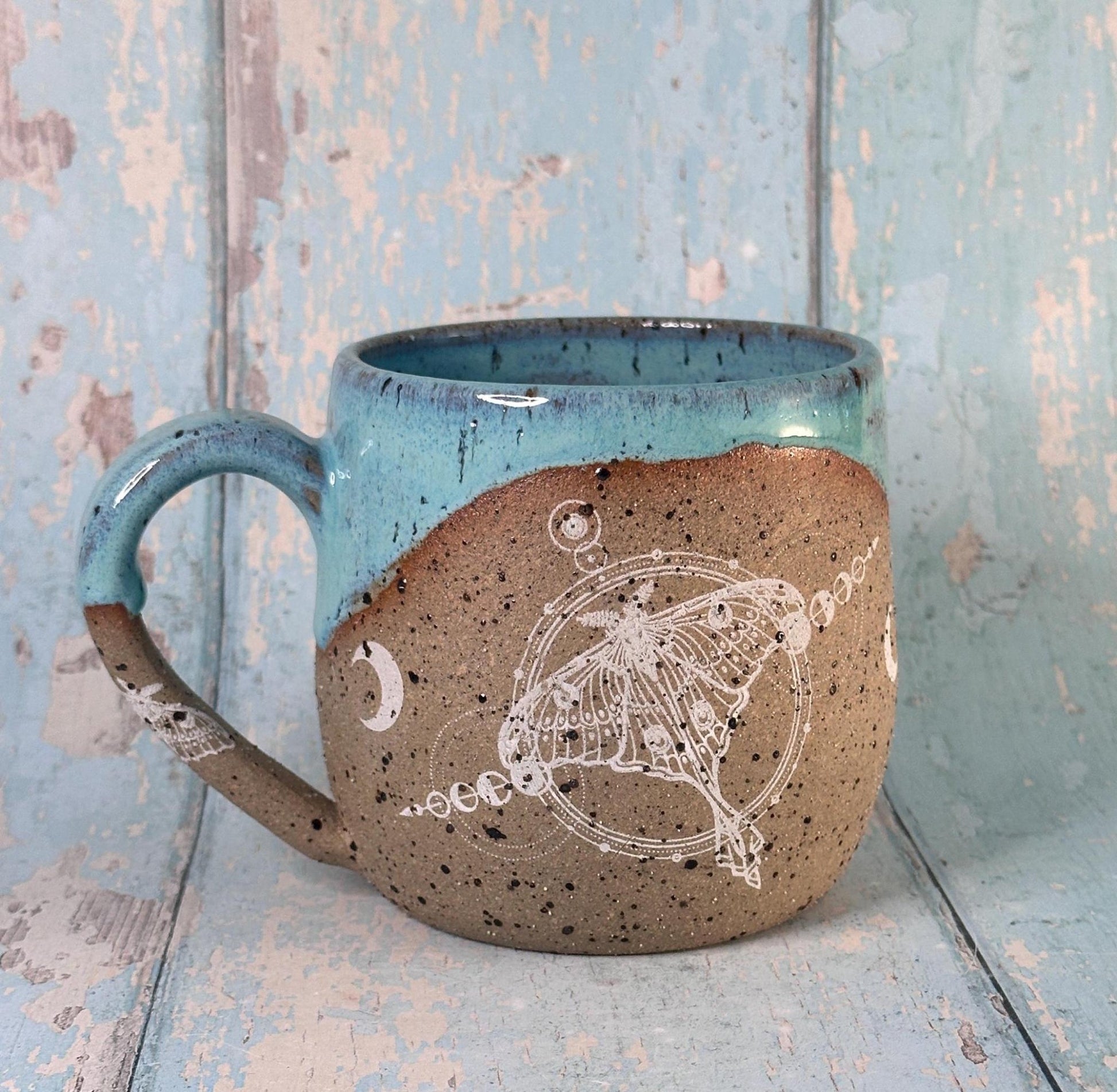 Turquoise Luna Moth Mug, Large Ceramic Cup - FJD Ceramics