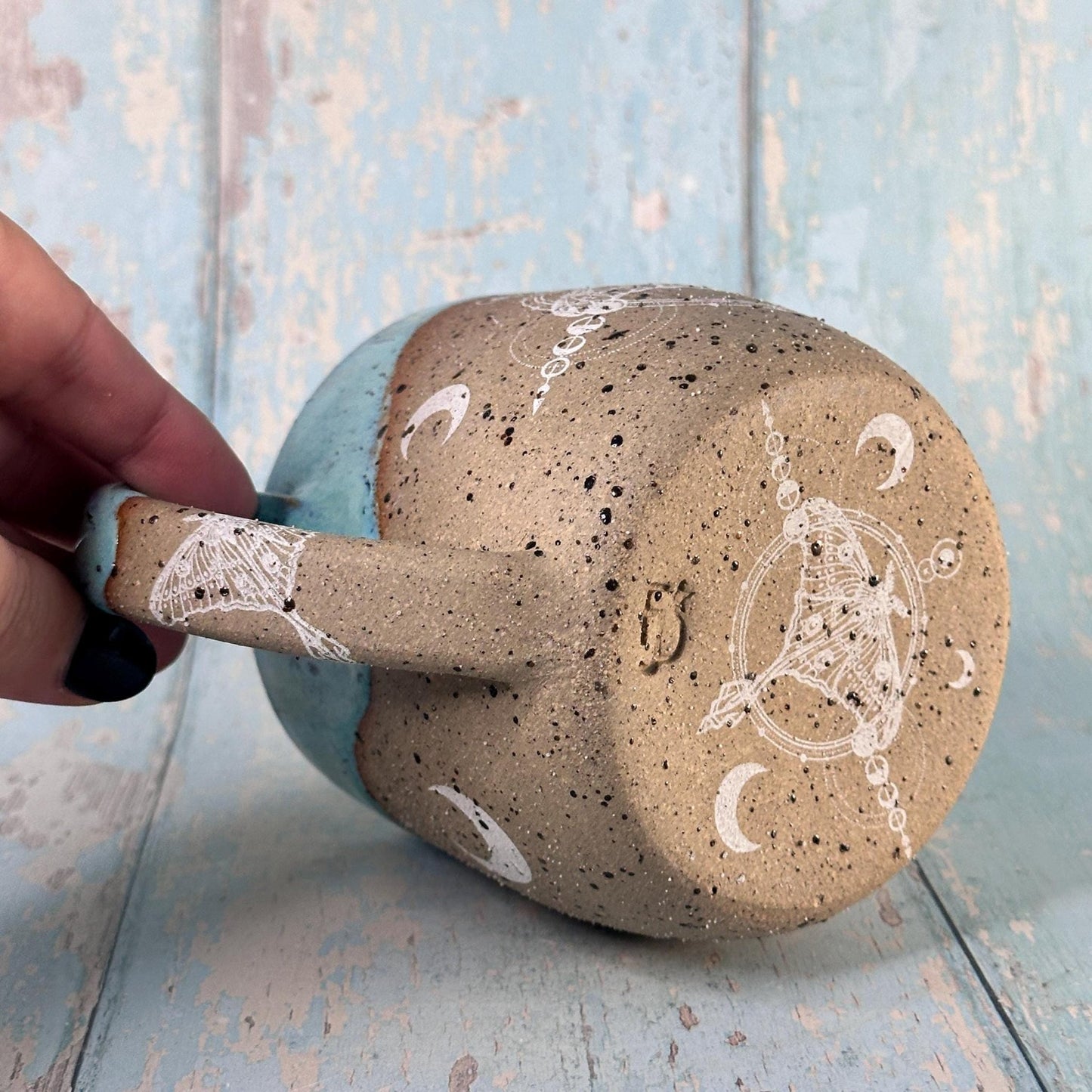 Turquoise Luna Moth Mug, Large Ceramic Cup - FJD Ceramics