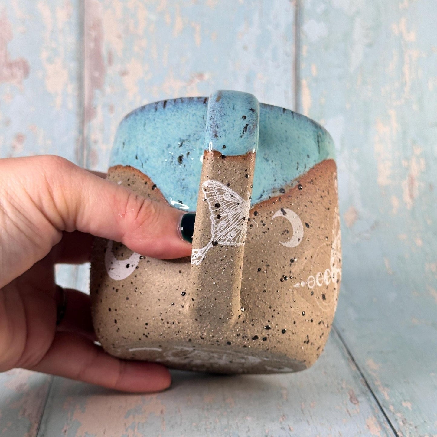 Turquoise Luna Moth Mug, Large Ceramic Cup - FJD Ceramics