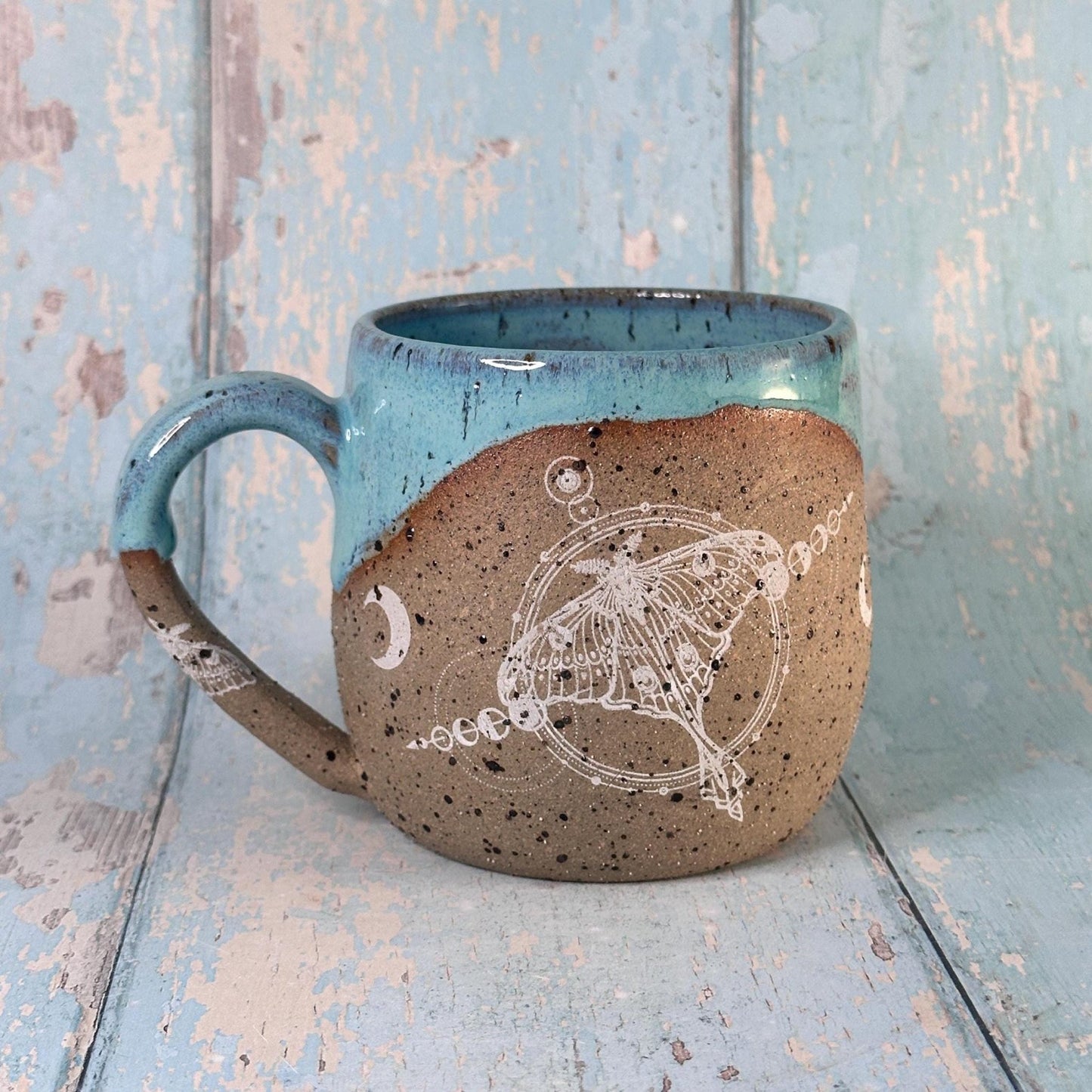 Turquoise Luna Moth Mug, Large Ceramic Cup - FJD Ceramics