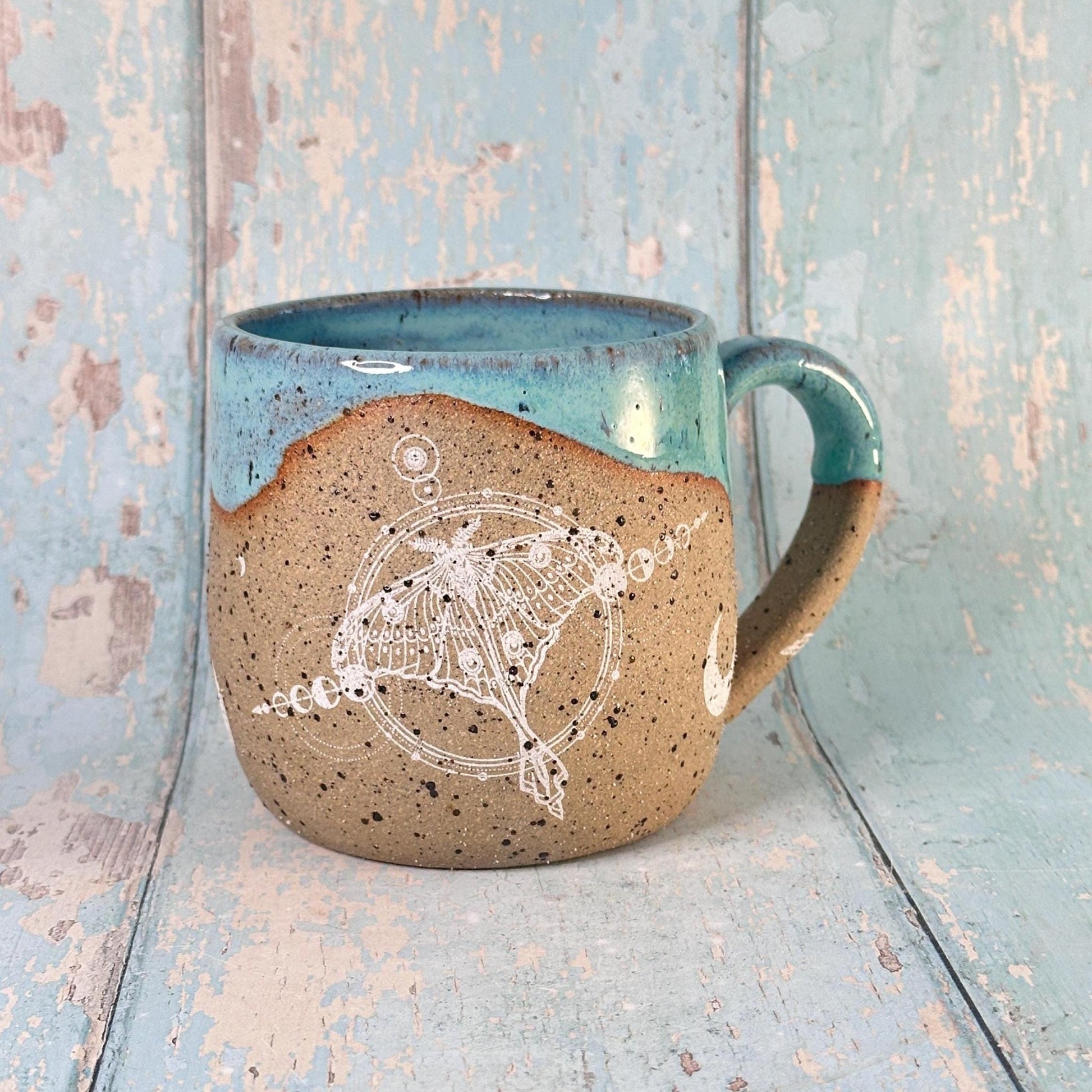 Turquoise Luna Moth Mug, Large Ceramic Cup - FJD Ceramics