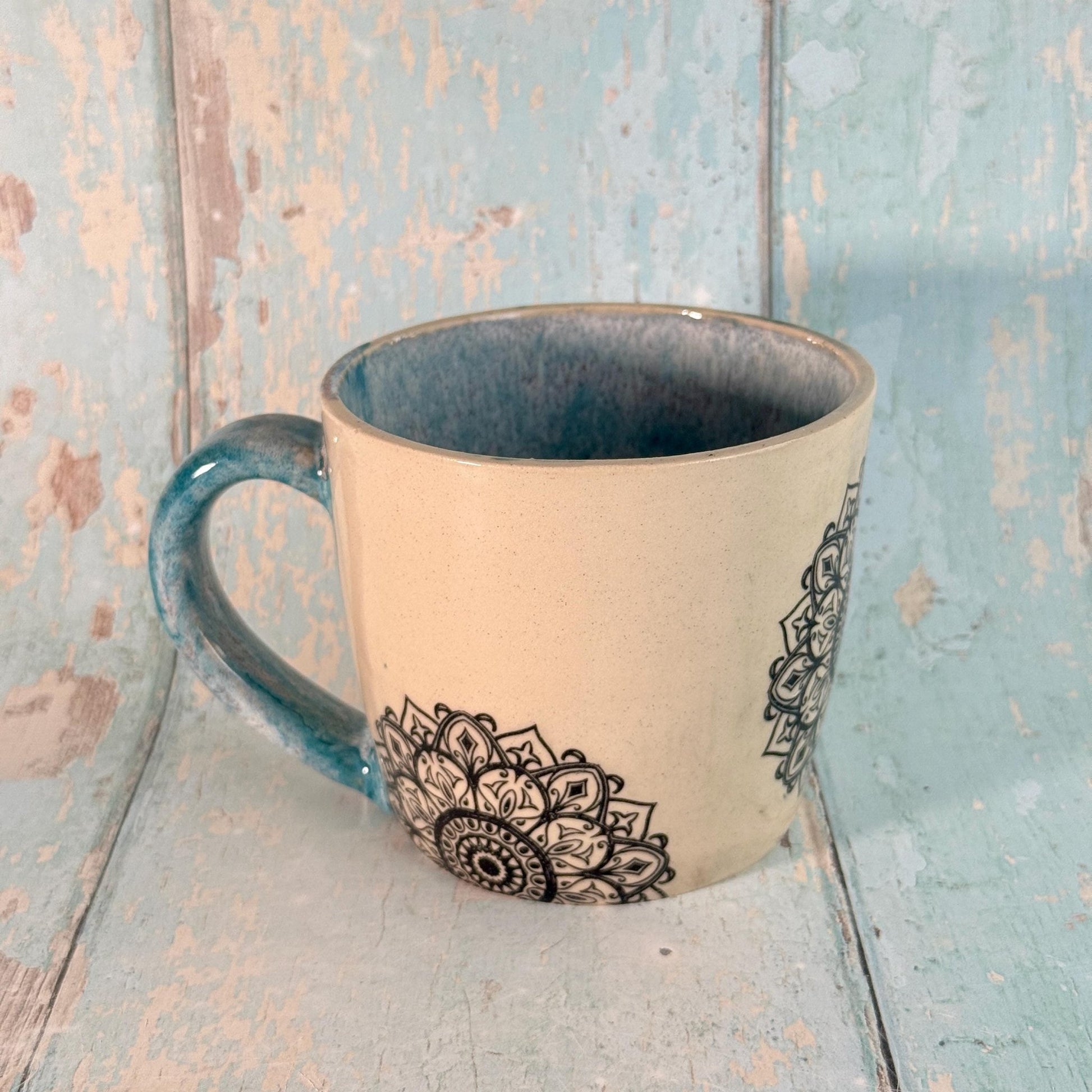 Turquoise Mandala Mug, Large Ceramic Cup - FJD Ceramics