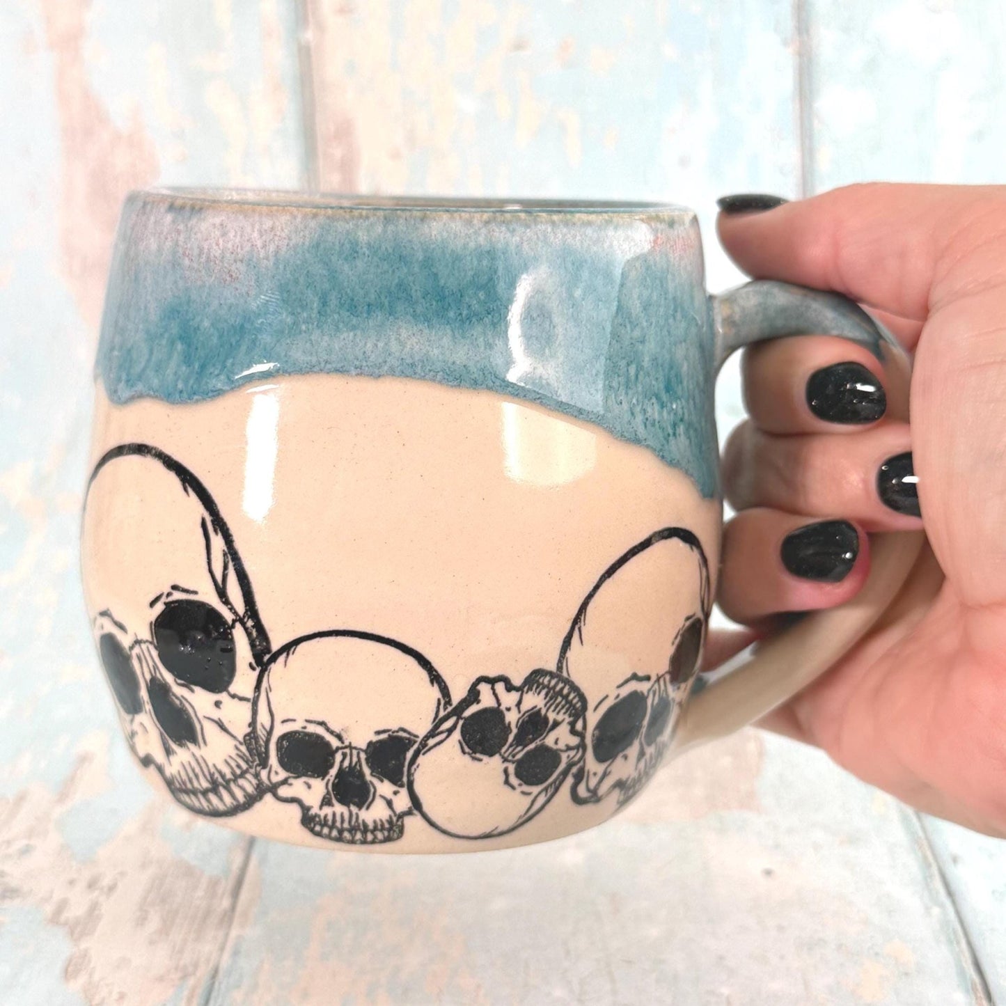Turquoise Skull Mug, Handmade Ceramic Cup - FJD Ceramics