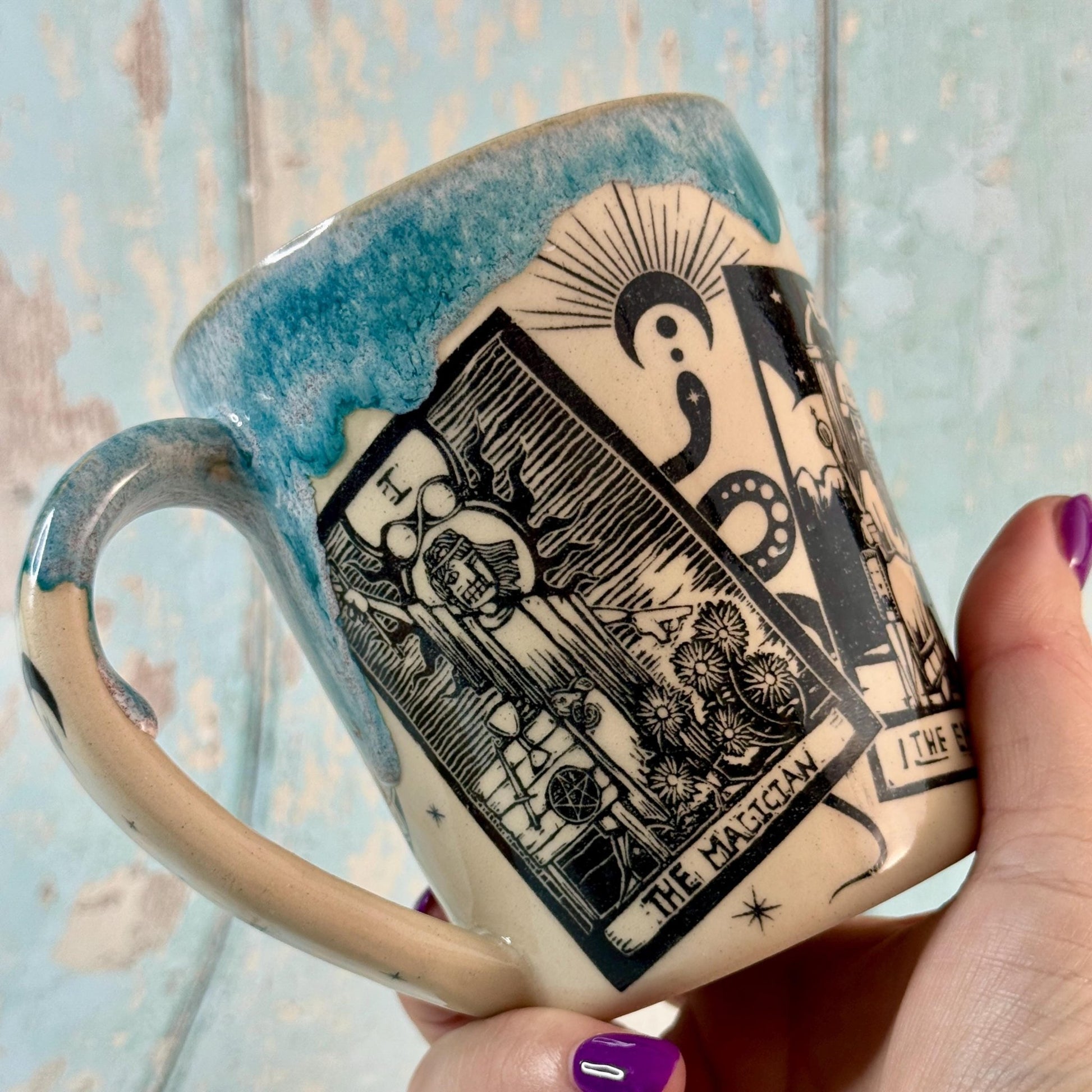 Turquoise Tarot and Snake Mug, Large Ceramic Cup - FJD Ceramics