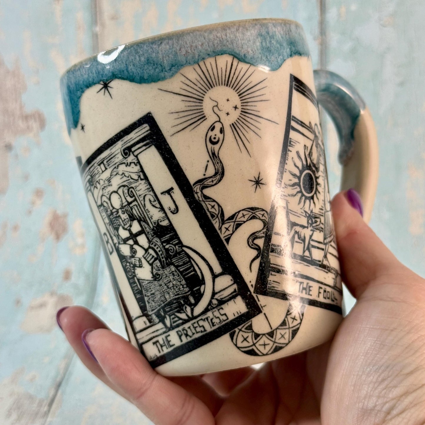 Turquoise Tarot and Snake Mug, Large Ceramic Cup - FJD Ceramics