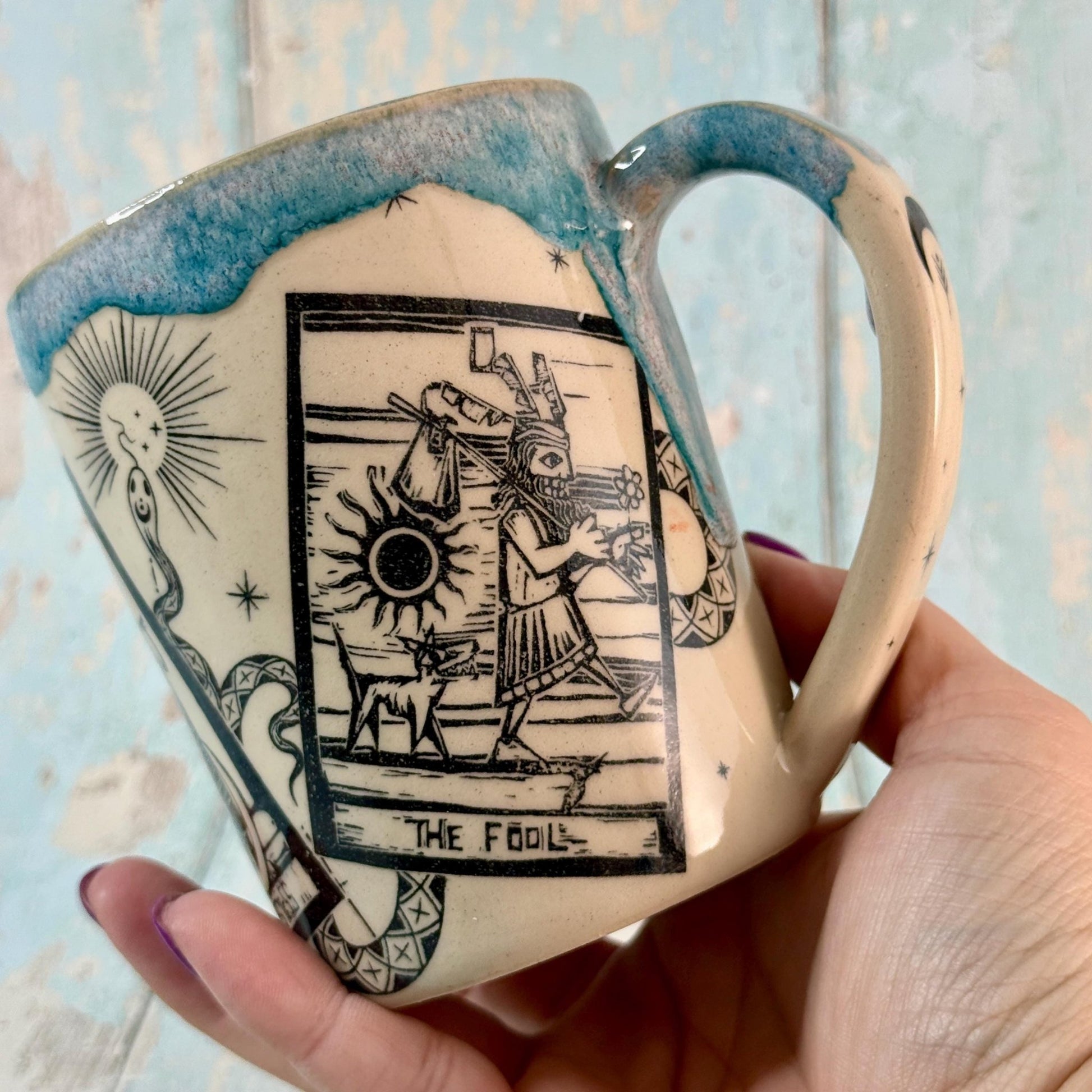 Turquoise Tarot and Snake Mug, Large Ceramic Cup - FJD Ceramics