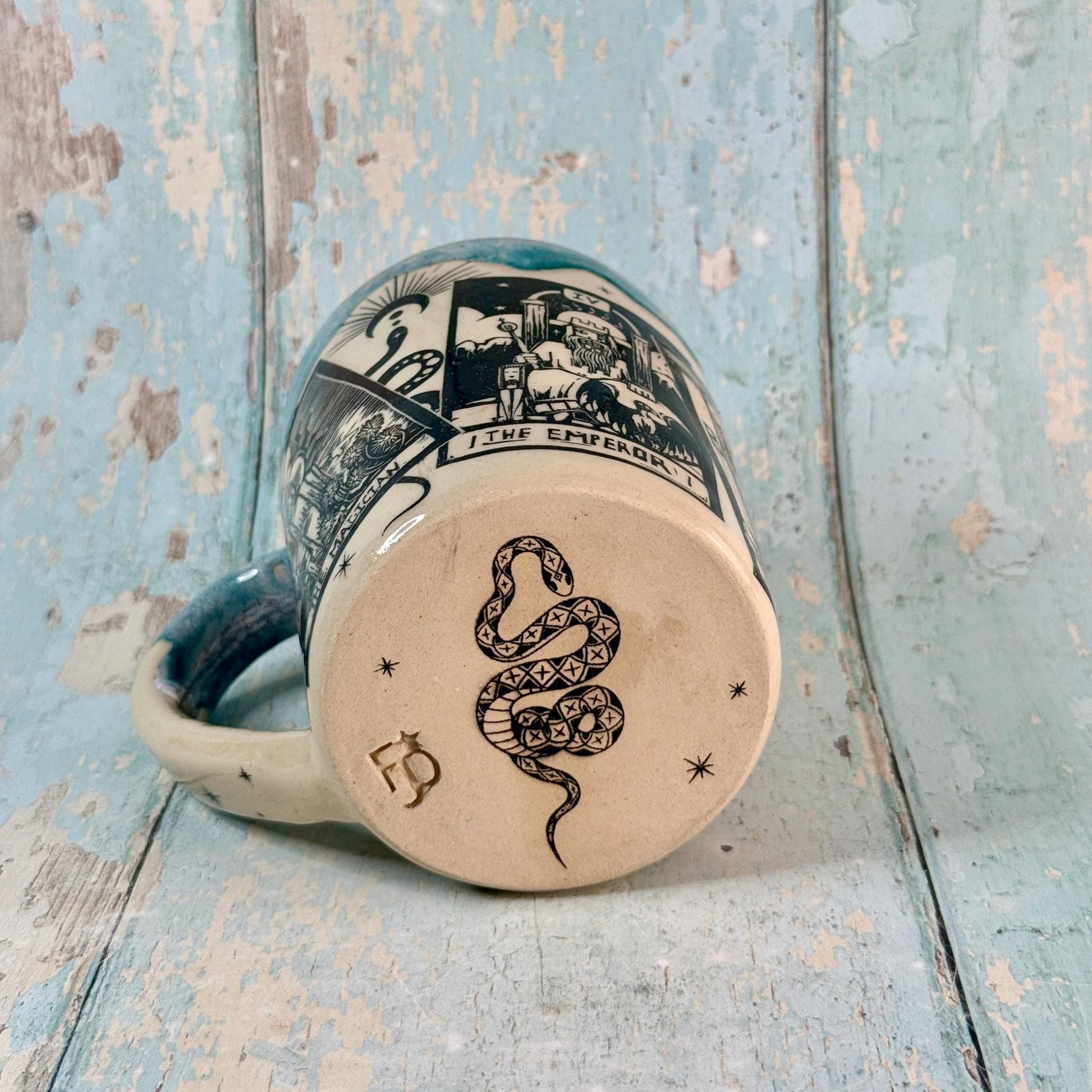 Turquoise Tarot and Snake Mug, Large Ceramic Cup - FJD Ceramics