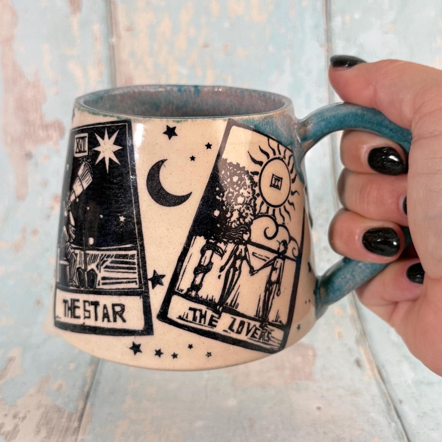 Turquoise Tarot Mug, Large Ceramic Cup - FJD Ceramics