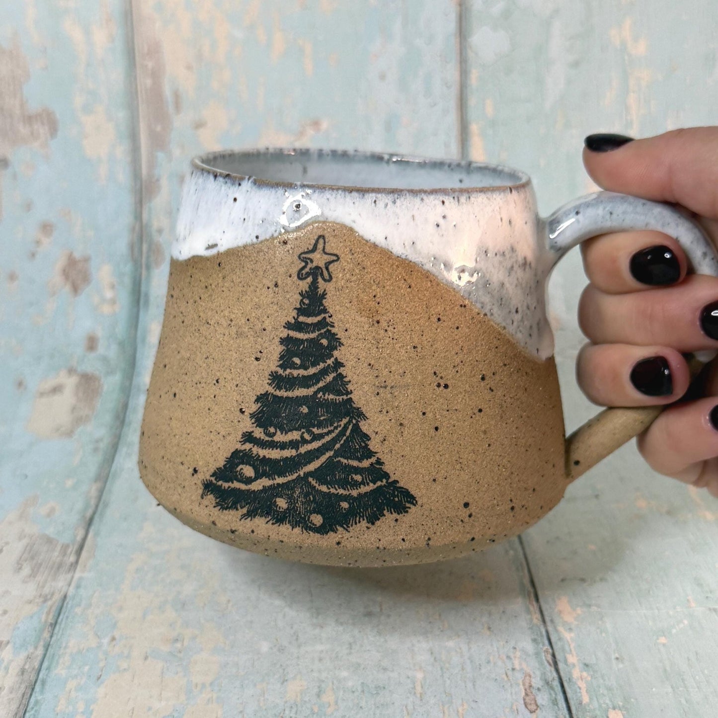 White Christmas Tree Mug, Handmade Ceramic Cup - FJD Ceramics