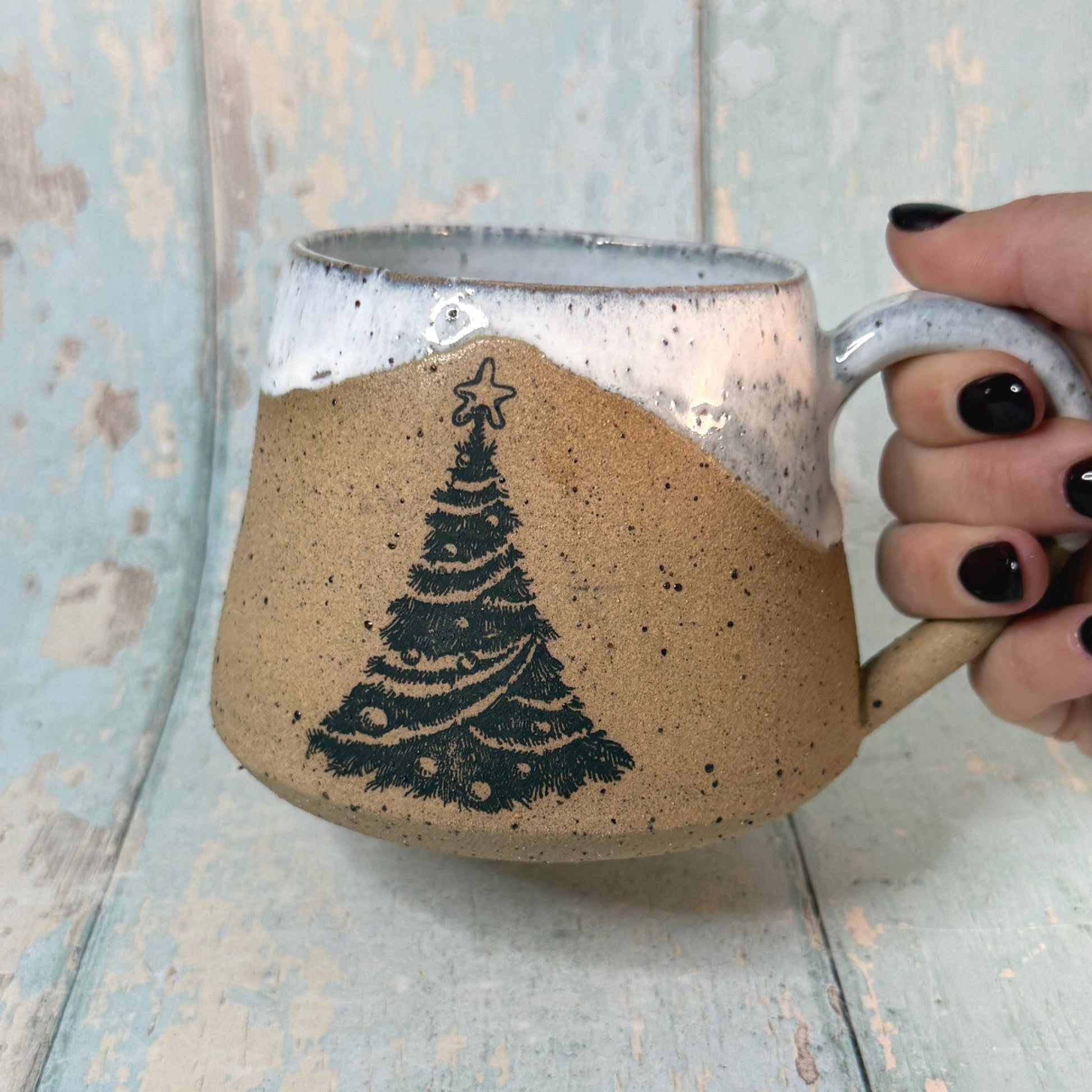 White Christmas Tree Mug, Handmade Ceramic Cup - FJD Ceramics