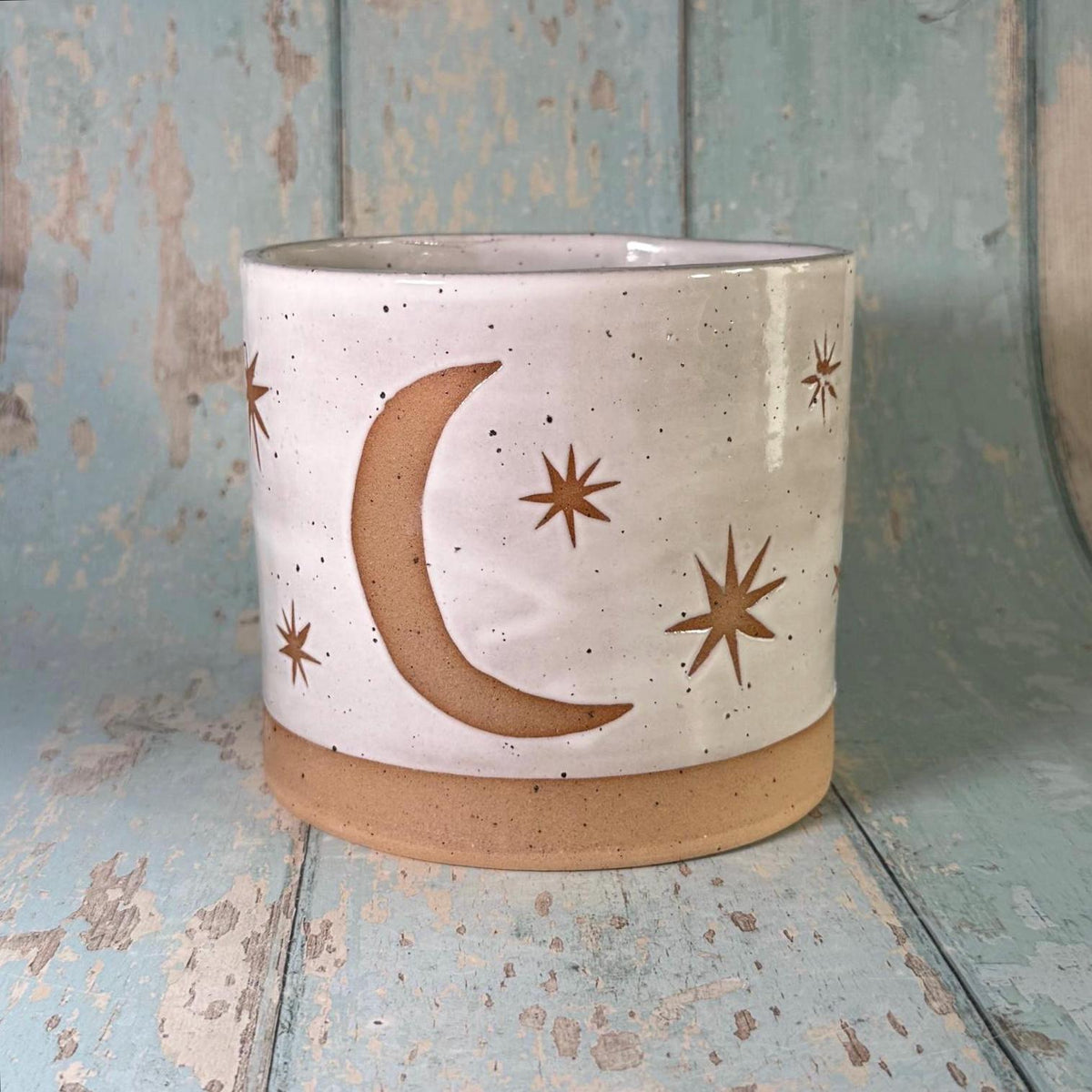 White Moon and Star Planter, Ceramic Plant Pot - FJD Ceramics