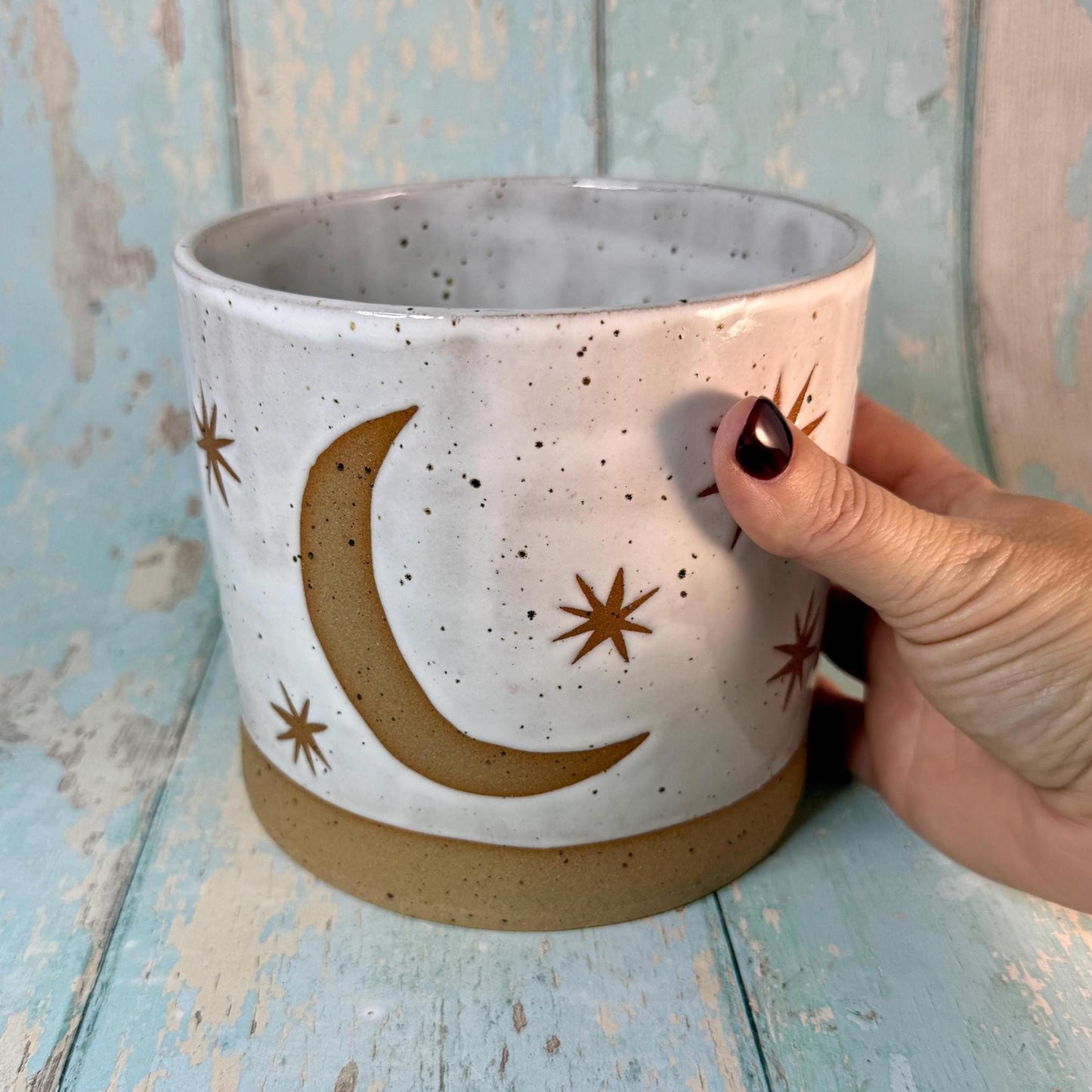 White Moon and Star Planter, Ceramic Plant Pot - FJD Ceramics