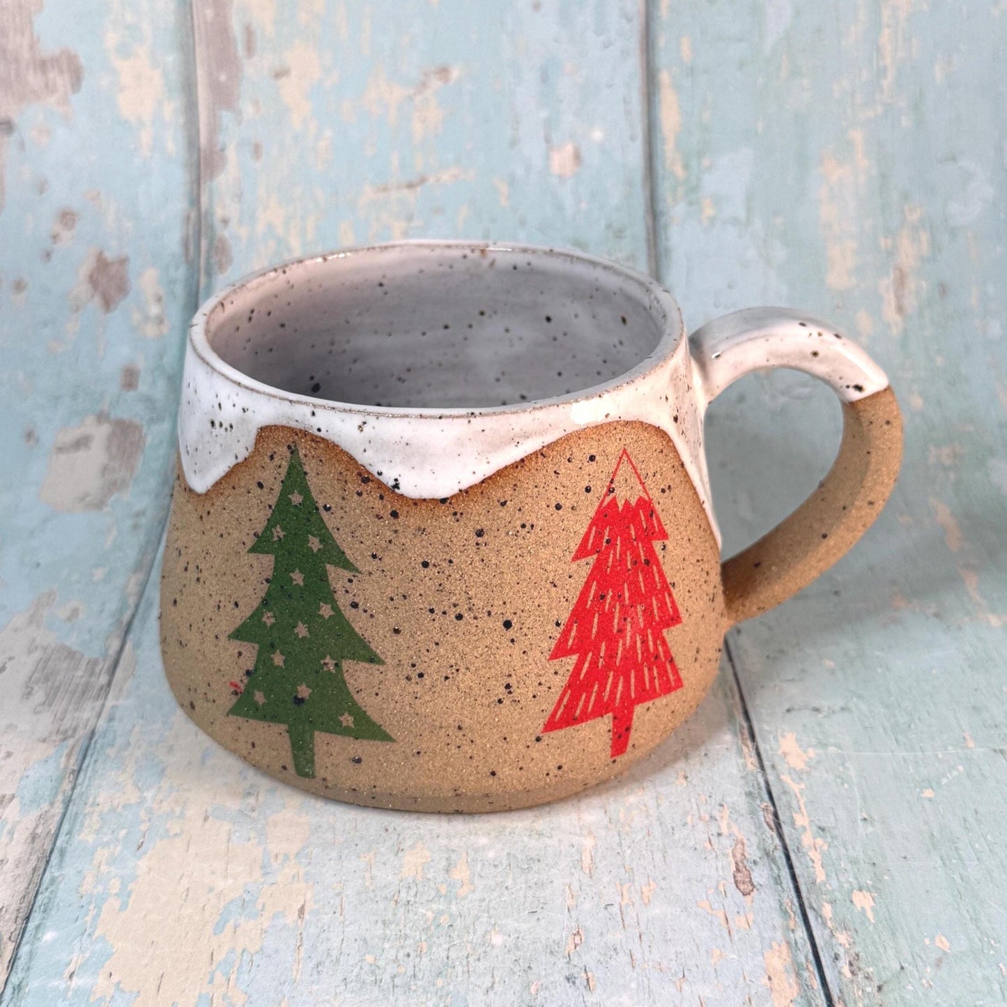 White, Red and Green Christmas Tree Mug, Handmade Ceramic Cup - FJD Ceramics