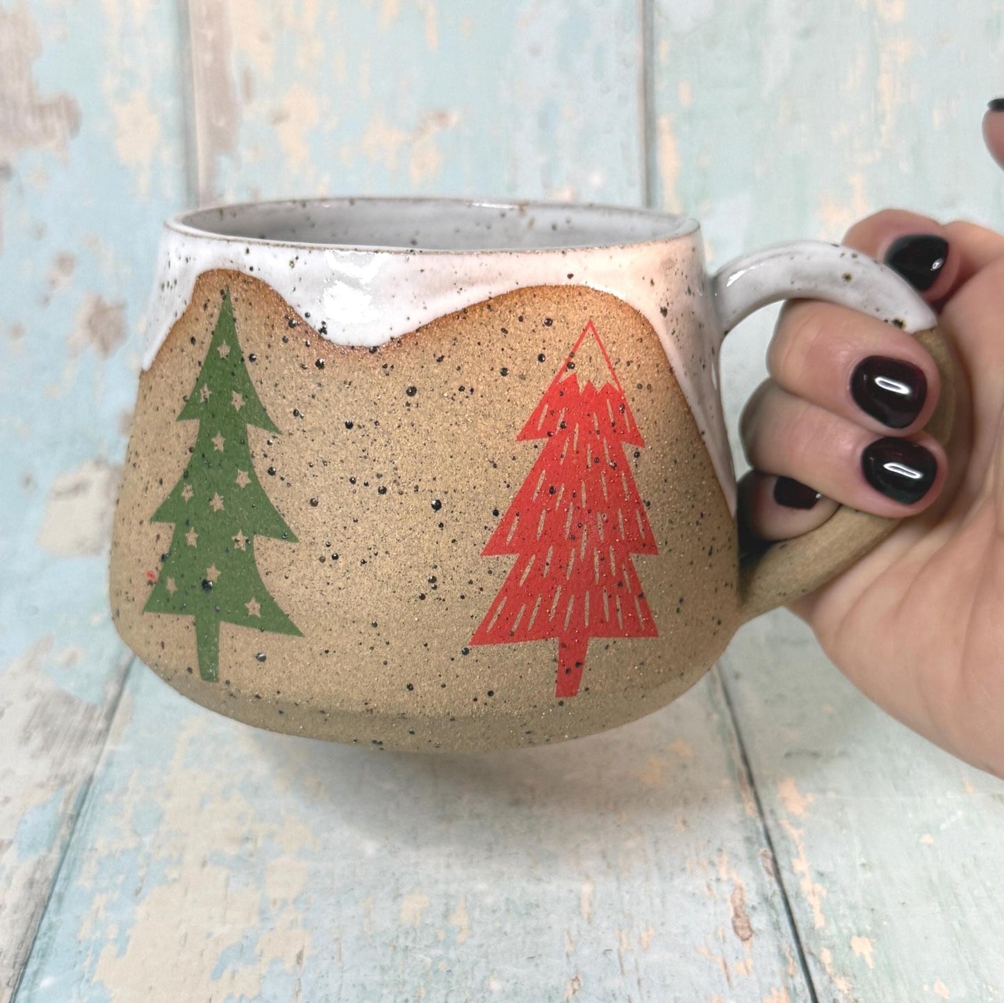 White, Red and Green Christmas Tree Mug, Handmade Ceramic Cup - FJD Ceramics