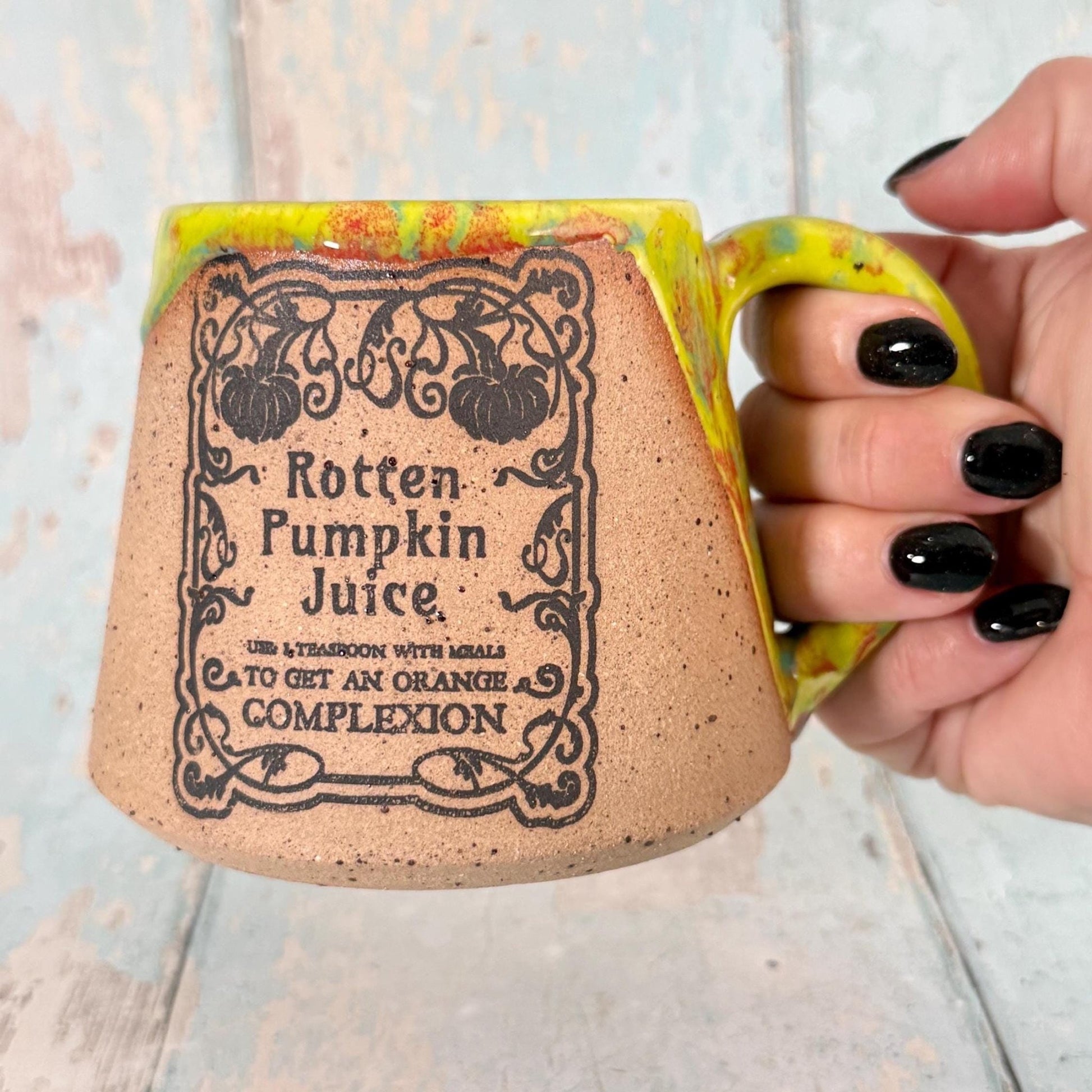 Yellow and Orange Halloween Rotten Pumpkin Witch Label Mug, Spooky Season Cup - FJD Ceramics